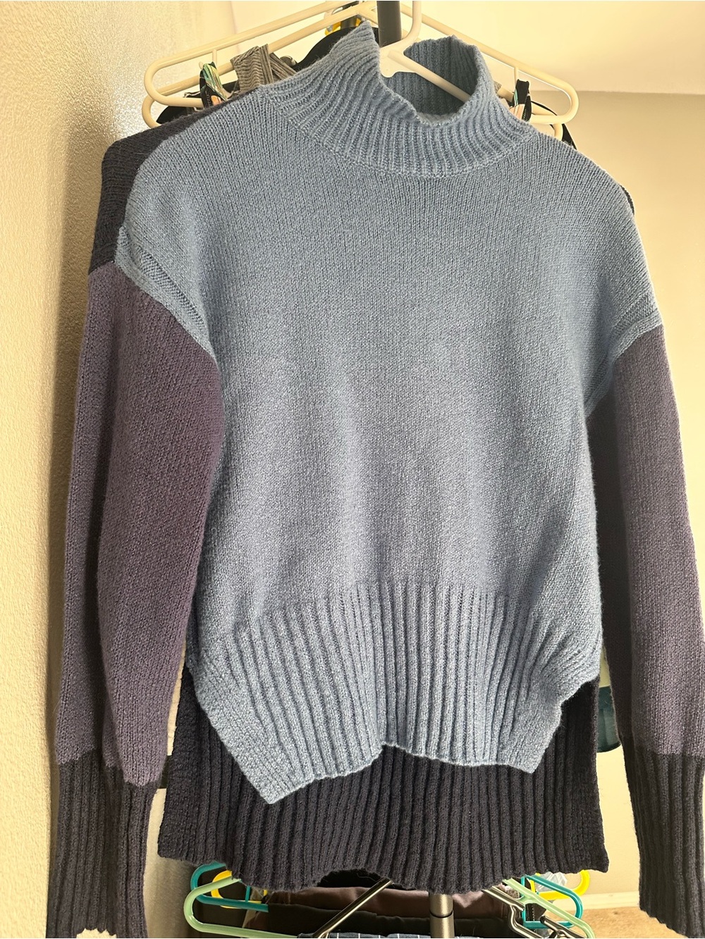 Time and Tru Two-Tone Turtleneck Sweater in Light Blue and Navy